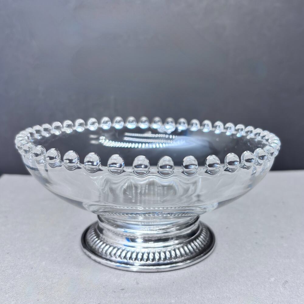 Imperial Candlewick Footed Bowl Sterling Silver Base Beaded Rim Glass Dish